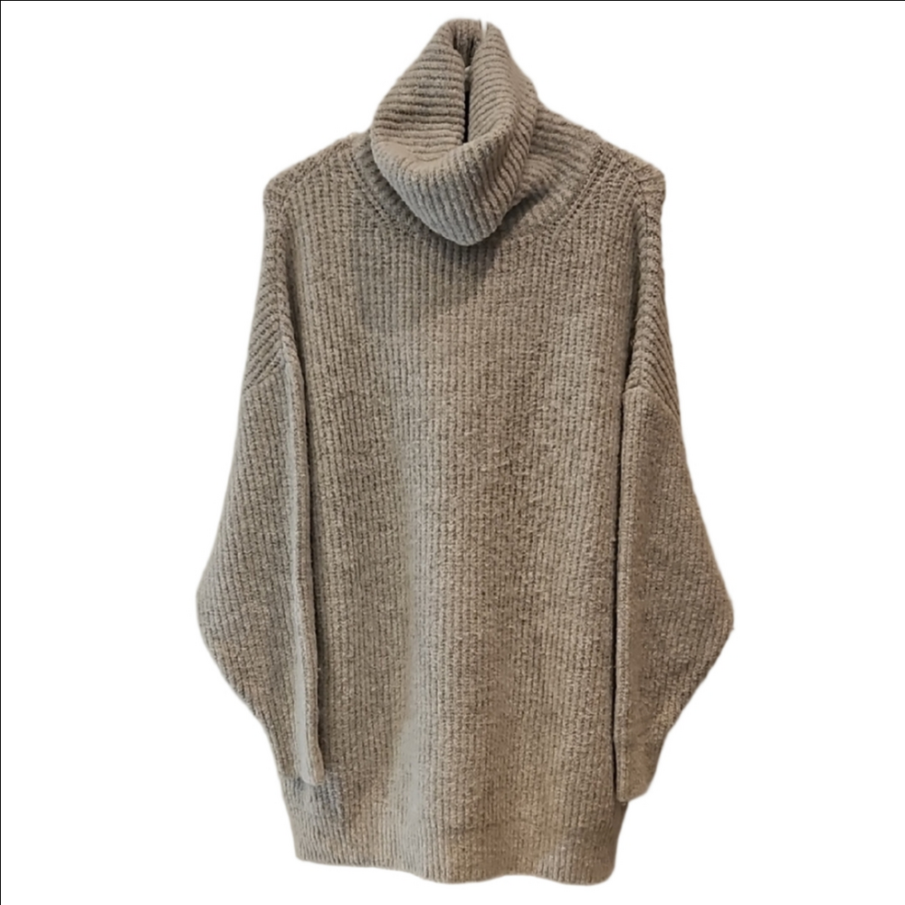 ZARA Knit Oversized Turtleneck Ribbed Sweater Neutral Minimalist Light Grey